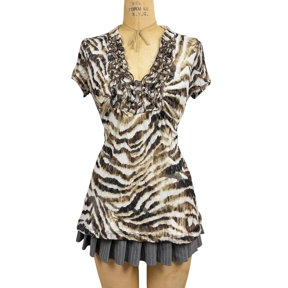 80s Zebra Print Babydoll Blouse Ruffle Neck Tie Back Y2K Retro Office Top Size L